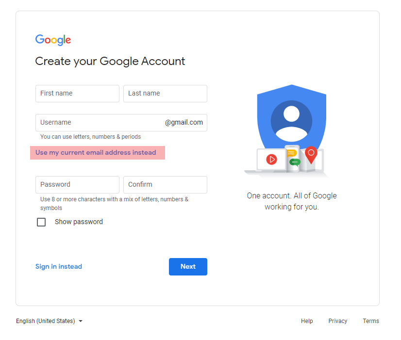 Create Account form